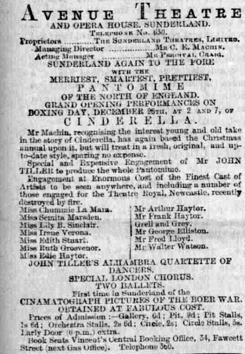 A Bill for a production of the pantomime 'Cinderella' at the Avenue Theatre, Sunderland in December 1899  -  Courtesy Steve Kilburn