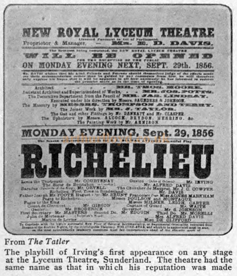 The Opening Bill for the New Royal Lyceum Theatre, Sunderland on September 29th 1856 - From The Theatre Magazine, December 1905, originally published in The Tatler.