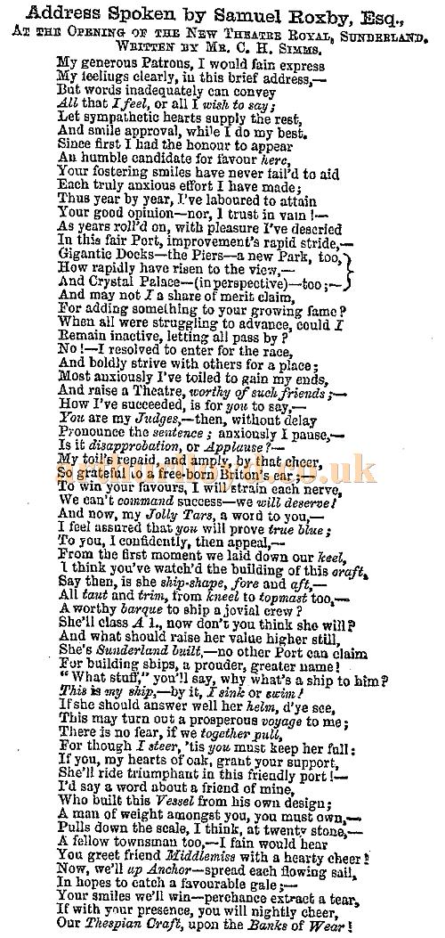 Samuel Roxby's opening address for the Theatre Royal, Sunderland - Printed in the ERA's 6th of January 1856 edition.