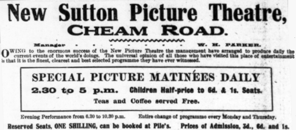 An Advertisement for the new Sutton Picture Theatre in 1911 - From the Mitcham Advertiser, 28th of July 1911.