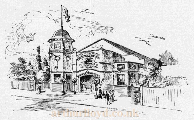 A Sketch showing the exterior of the Sutton Picture Theatre in 1911 - From The Bioscope, 13th of July 1911.