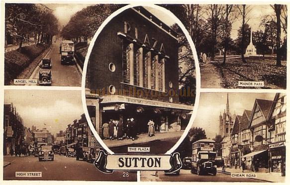 A Postcard showing several views of Sutton, Surrey, including the Plaza Theatre, later the Granada Cinema.