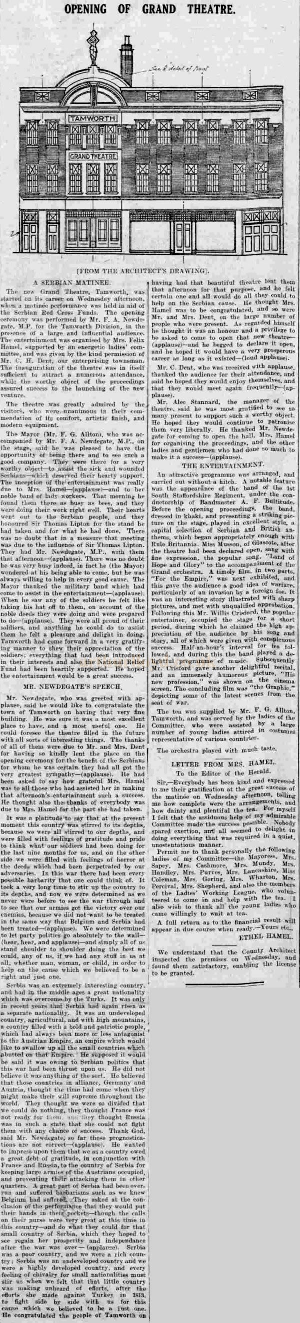 A Report on the opening of the Tamworth grand Theatre - From the Tamworth Herald, 22nd of May 1915.