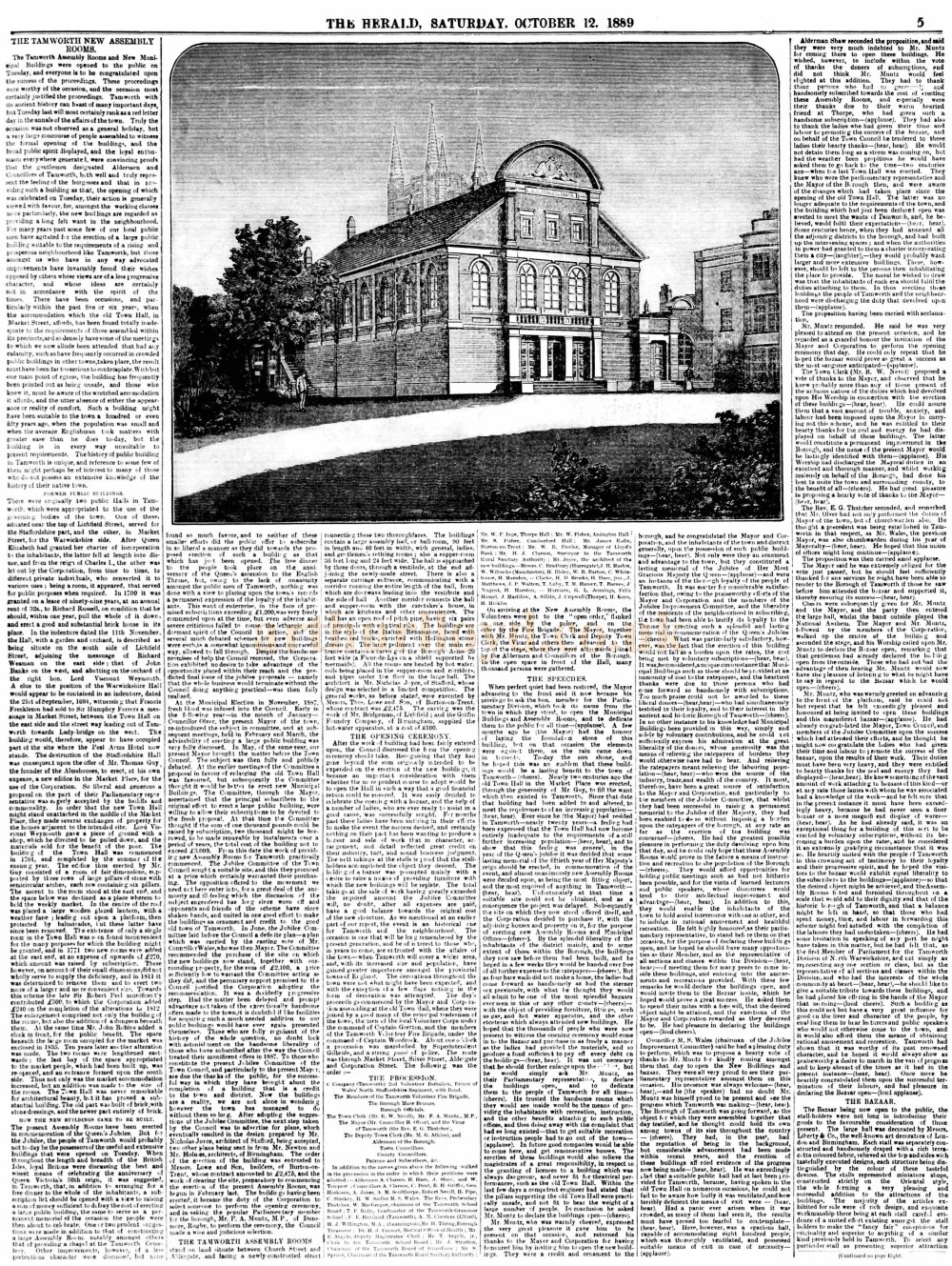 An Article about the newly opened Tamworth Assembly Rooms - From the Tamworth Herald, 12th of October 1889.