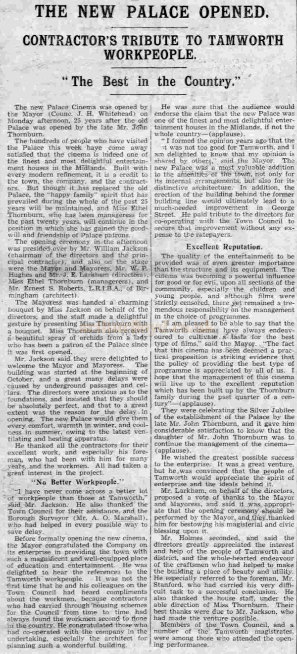 A Report on the opening of the new Palace, Tamworth - From the Tamworth Herald, 15th of June 1935.