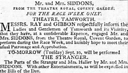 A Notice for Mr. and Mrs. Siddons from the Theatre Royal, Covent Garden, playing at the Theatre, Tamworth in 1805 - From Aris's Birmingham Gazette, 9th of September 1805.