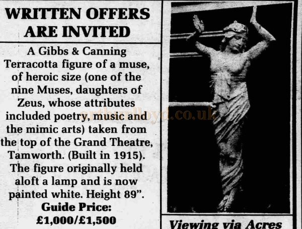 An advertisement for the sale by auction of the Grand Theatre's Terracotta statue - From the Tamworth Herald, 16th of October 1992.