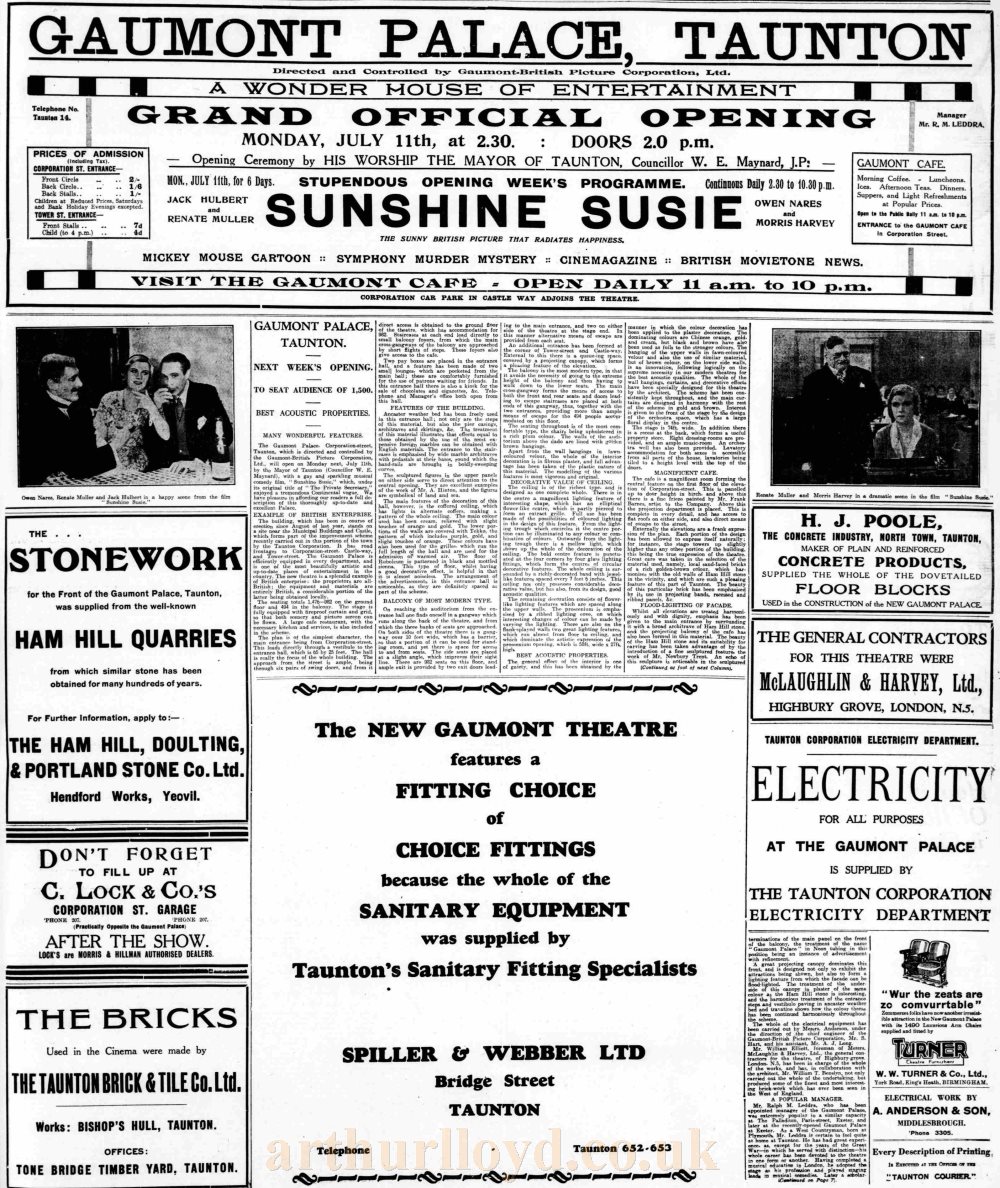A Full Page Advertisement Feature for the Opening of the Gaumont Palace Theatre, Taunton - From the Taunton Courier and Western Advertiser, 6th of July 1932.