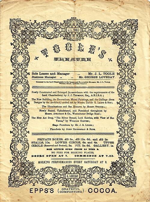 A Benefit programme for the newly constructed Toole's Theatre on July the 1st 1882.