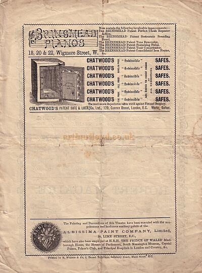 The back of a Benefit programme for the newly constructed Toole's Theatre on July the 1st 1882.