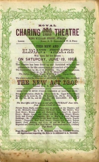 The Opening Programme for the Charing Cross Theatre on the 19th of June 1869 - Courtesy Simon Moss, stagememories.