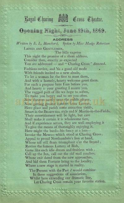 The Opening Programme for the Charing Cross Theatre on the 19th of June 1869 - Courtesy Simon Moss, stagememories.