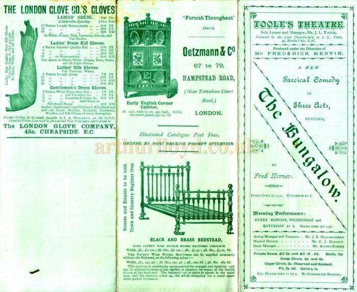 A programme for the farcical comedy 'The Bungalow' produced at Toole's Theatre on October 7th 1889.