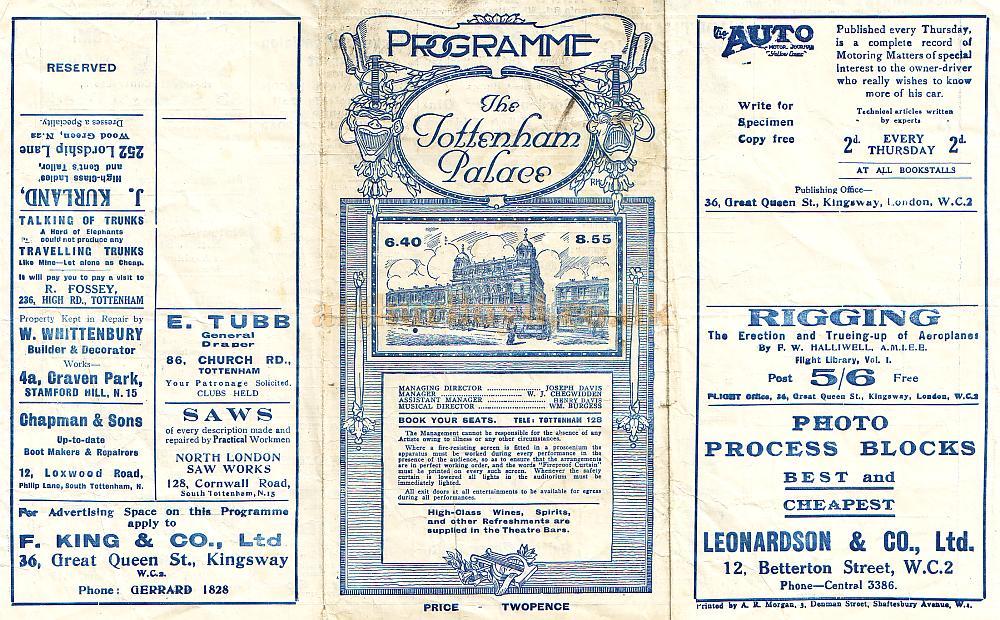 A Programme for 'Splinters of 1923' at the Tottenham Place Theatre in October 1923