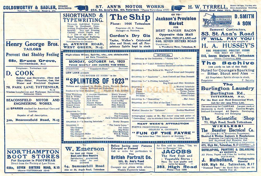 A Programme for 'Splinters of 1923' at the Tottenham Place Theatre in October 1923