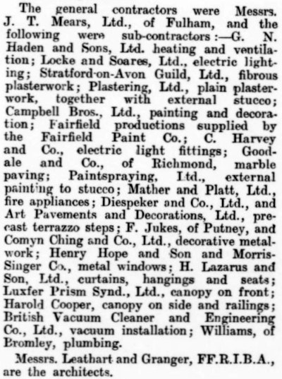 A List of Contractors involved in the construction and fitting out of the Twickenham Cinema - From The Builder, 23rd of November 1928. 