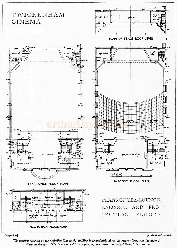 Plans of the Tea Lounge, Balcony, and Projection Floors of the Twickenham Cinema - From The Architects' Journal, 27th of March 1929.