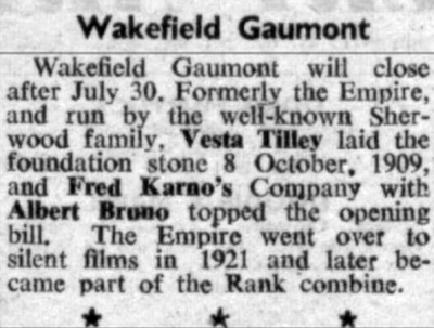 A Notice on the closure of the Wakefield Gaumont in 1960 - From The Stage, 23rd of June 1960.