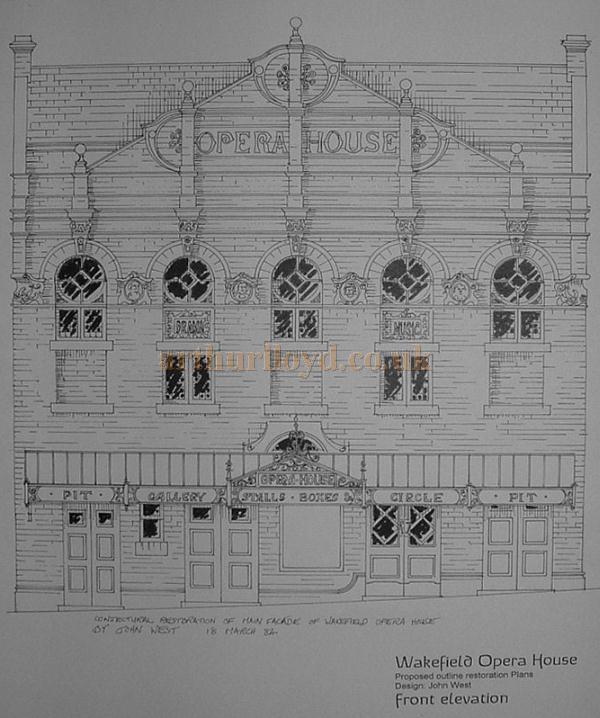 A drawing of the proposed restoration for the facade of the Wakefield Opera House by John West for The Wakefield Theatre Trust and the D.O.E. (now English Heritage) - Courtesy John West.