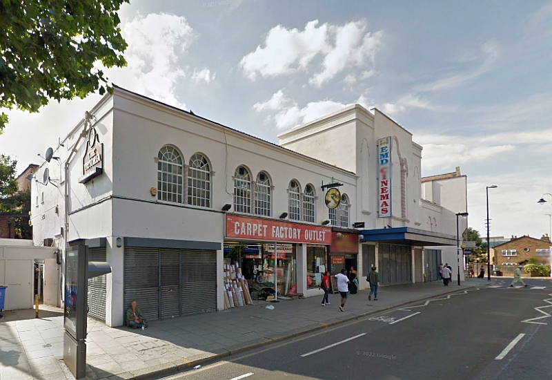 A Google StreetView Image showing the Former Granada Theatre, Walthamstow carrying signage for its by then closed incarnation as the EMD Cinema in April 2012. This would later be refurbished and restored as the Soho Theatre Walthamstow for its 2025 reopening - Click to Interact.