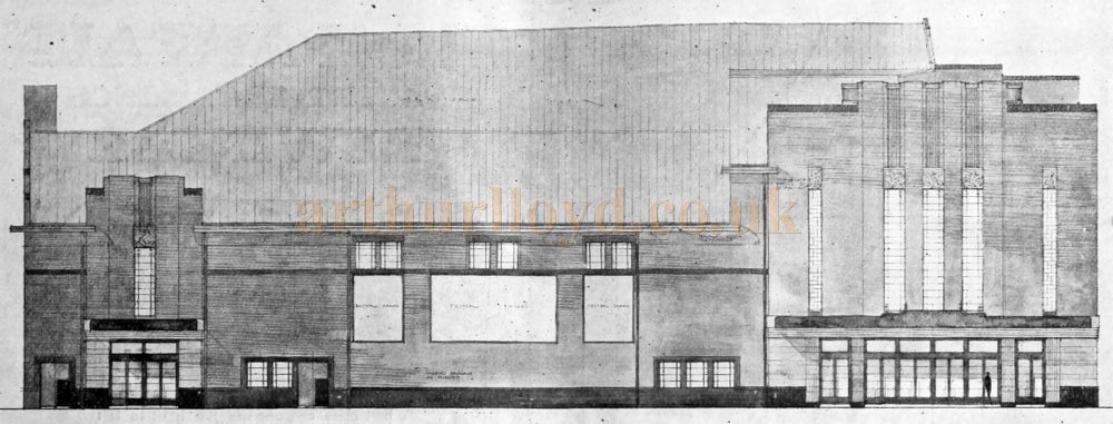 The whole of the planned York Road Elevation of the Savoy Theatre, Wandsworth - From Modern Cinema Technique, 19th of August 1931.