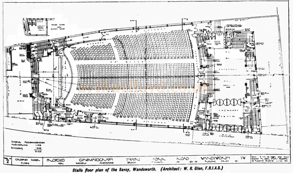 William R. Glen's Stalls Floor Plan of the Savoy Theatre, Wandsworth - From the Supplement to the Kinematograph Weekly, February 18th 1932.