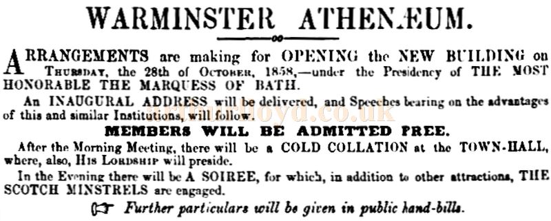 The Opening Advertisement for the Warminster Athenæum in 1858 - Courtesy Andrew Frostick (Archivist for the Warminster Athenæum Centre).