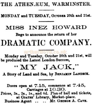 An Advertisement for the Athenaeum, Warminster in 1890 - Courtesy Andrew Frostick (Archivist for the Warminster Athenaeum Centre).