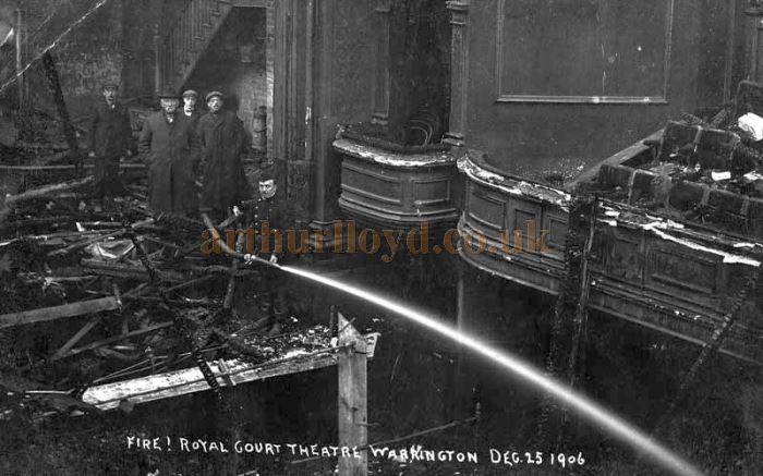 A photograph of the auditorium and stage of the Royal Court Theatre, Warrington after the fire in December 1906 - Courtesy Alan Barton and Barry Jones, Warrington Memories.