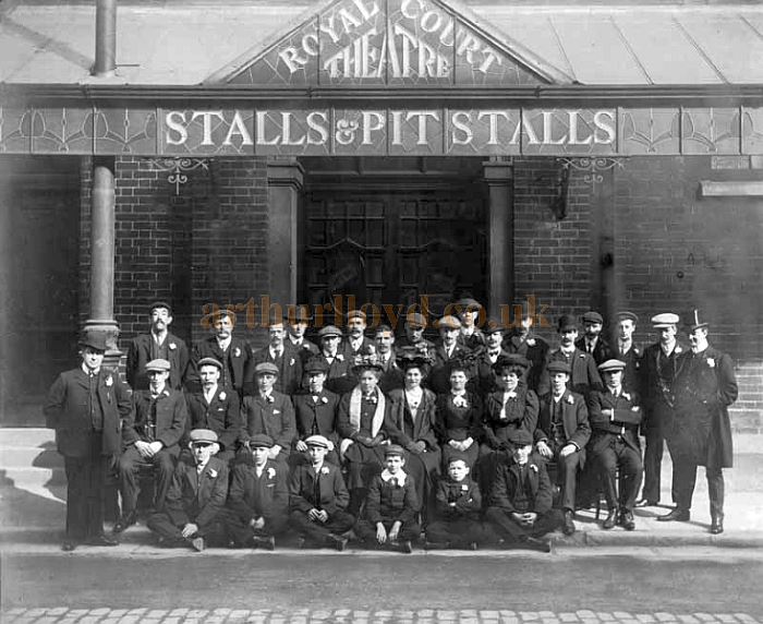 A photograph of the Staff of the Royal Court Theatre, Warrington posing outside the Theatre in 1908 - Courtesy Alan Barton and Barry Jones, Warrington Memories.
