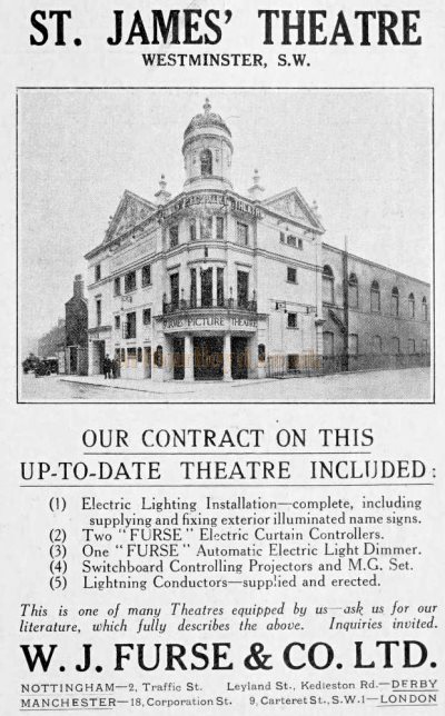 An Advertisement for W. J. Furse & Co. Ltd., who supplied and fitted the Electrical Equipment and Seating in the St. James' Picture Theatre - From The Architect, 18th of May 1923.