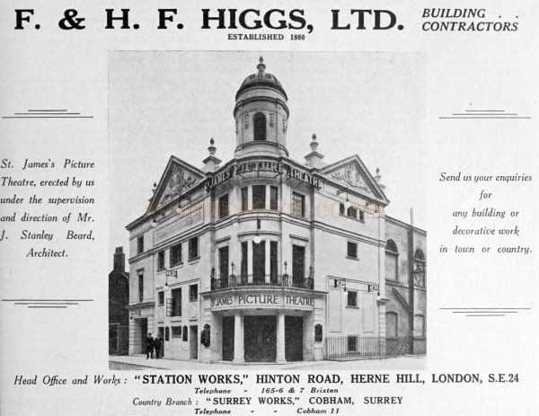 An Advertisement for F. & H. F. Higgs Ltd., Building Contractors of the St. James' Picture Theatre - From The Architect, 18th of May 1923.