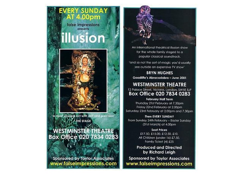 A Flyer for the False Impressions production of 'Illusion' which was the last production at the Westminster Theatre before it closed and was subsequently destroyed by fire on the 27th June 2002 - Courtesy Richard Leigh. 