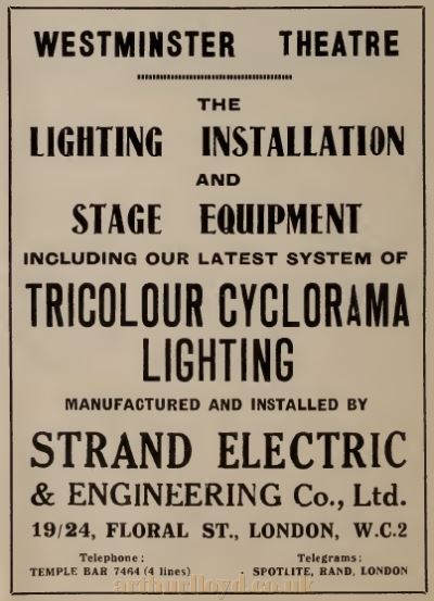 An Advertisement for Strand Electric's Lighting Installation at the Westminster Theatre in 1931 - From The Bioscope, October 21st 1931.