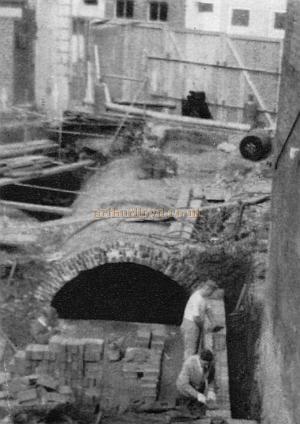  Photograph of the 14 foot in diameter Brick Tunnel which carries the Tyburn River diagonally under the Westminster Theatre Arts Centre, during construction work in 1966 - From a Souvenir Book for the opening of the Westminster Theatre Arts Centre - Courtesy Richard Leigh.