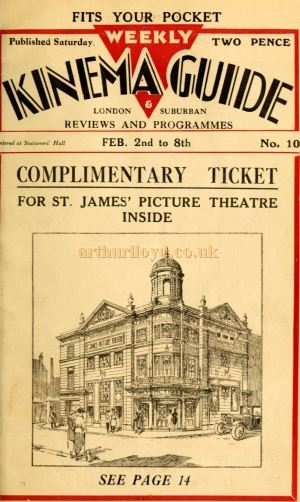 The Cover of the Weekly Kinema Guide for February 2nd including an image of the St. James' Picture Theatre, Westminster.