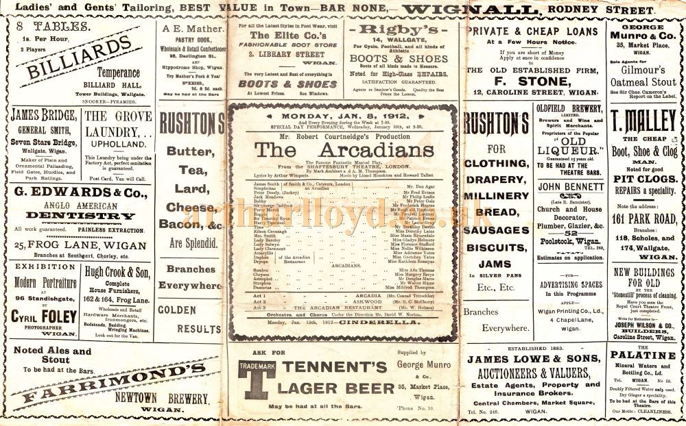 A Programme for 'The Arcadians' at the Royal Court Theatre, Wigan on January the 8th 1912. 