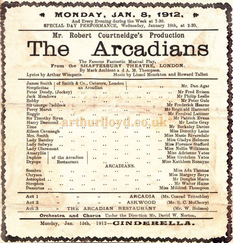 A Programme for 'The Arcadians' at the Royal Court Theatre, Wigan on January the 8th 1912. 