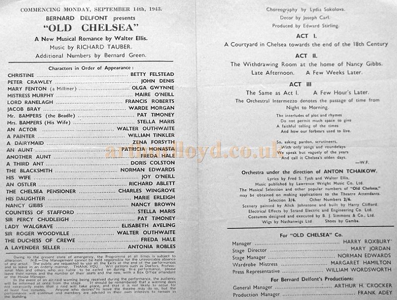 Cast Details from a Programme for the musical romance 'Old Chelsea' at the Wigan Hippodrome in September 1943 - Courtesy Roy Cross.