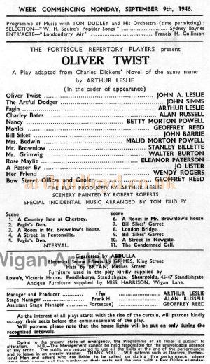 A detail from a programme for the Fortescue Players production of 'Oliver Twist' at the Wigan Hippodrome in September 1946 - With kind permission Wigan Archive Services.