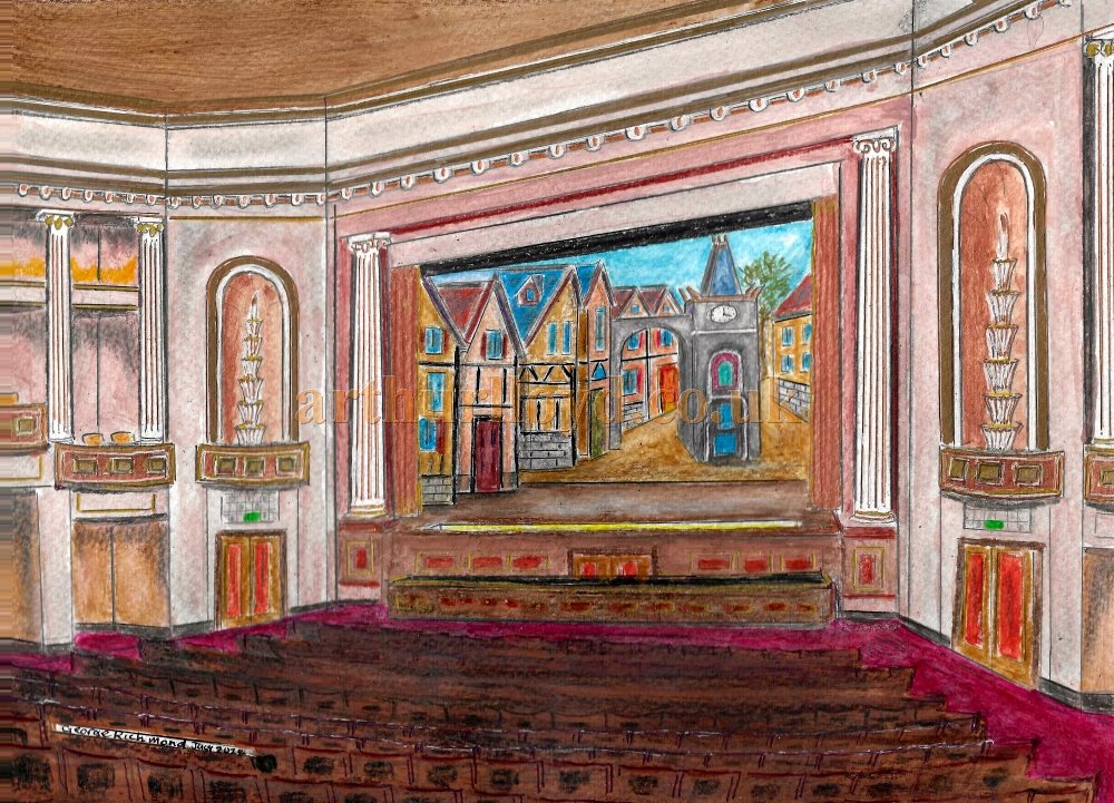 A Painting by George Richmond depicting the Auditorium and Stage of the Ritz Cinema, Wigan in 1936. Click for an Index to all of George Richmond's Paintings on this site.