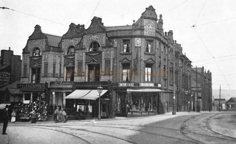 A photograph of the Royal Hotel Standishgate, Wigan, formerly the Eagle & Child Hotel, behind which was the Wigan Theatre from 1803 - From the book 'Wigan Town and Country Rambles' by John T. Hilton 1914 - Courtesy Wigan World - The site of the Hotel is currently home to a branch of W. H. Smith - Click here to see the site today.