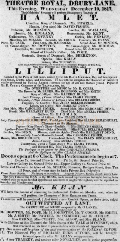 A Bill showing Clara Fisher performing in David Garrick's 'Lilliput' at the Theatre Royal, Drury Lane on the 10th of December 1817 - Courtesy Alfred Mason.