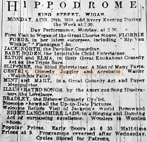 A Cutting from the Wigan Observer of the 29th August 1910, advertising the week's coming attractions at the Wigan Hippodrome - With kind permission Wigan Archive Services. 