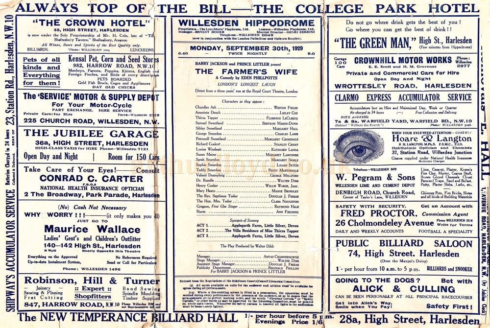 A Programme for 'The Farmer's Wife' at the Willesden Hippodrome for the week of the 30th of September 1929 - Courtesy Amanda Davidson.