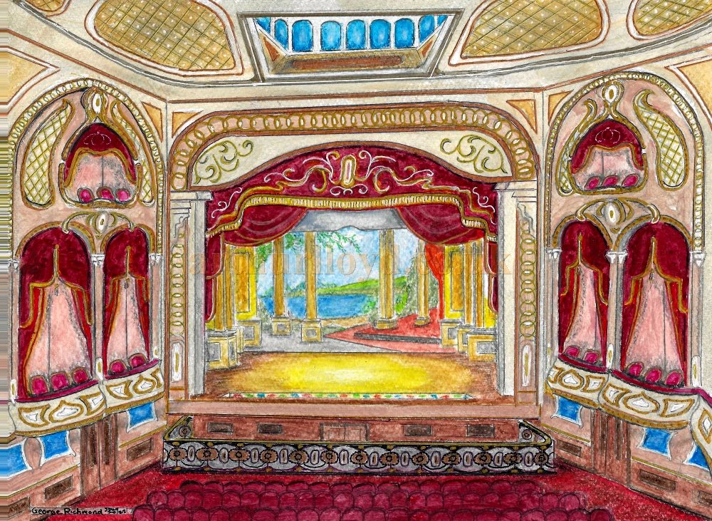 A Painting by George Richmond depicting the Auditorium and Stage of the Willesden Hippodrome in its early years. The painting was inspired by the Postcard view shown on this page, and colours were suggested by contemporary articles - Click for an Index to all of George Richmond's Paintings on this site.