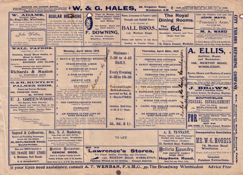 Early film presentations from a Programme for the King's Palace Theatre for April 1912