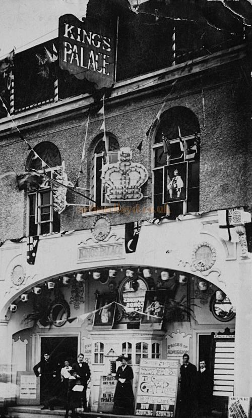The King's Palace Theatre, Wimbledon decorated for the Coronation of George V and Queen Mary in 1911- Courtesy Hugh McCullough of CinePhoto.co.uk.