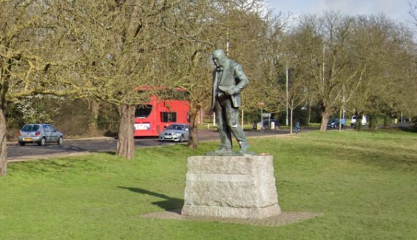 A Google StreetView Image showing the Statue of Sir Winston Churchill on Woodford Green in March 2018. The Bronze Sculpture was unveiled in October 1959 - Click to Interact.